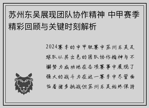 苏州东吴展现团队协作精神 中甲赛季精彩回顾与关键时刻解析 苏州东吴展现团队协作精神 中甲赛季精彩回顾与关键时刻解析